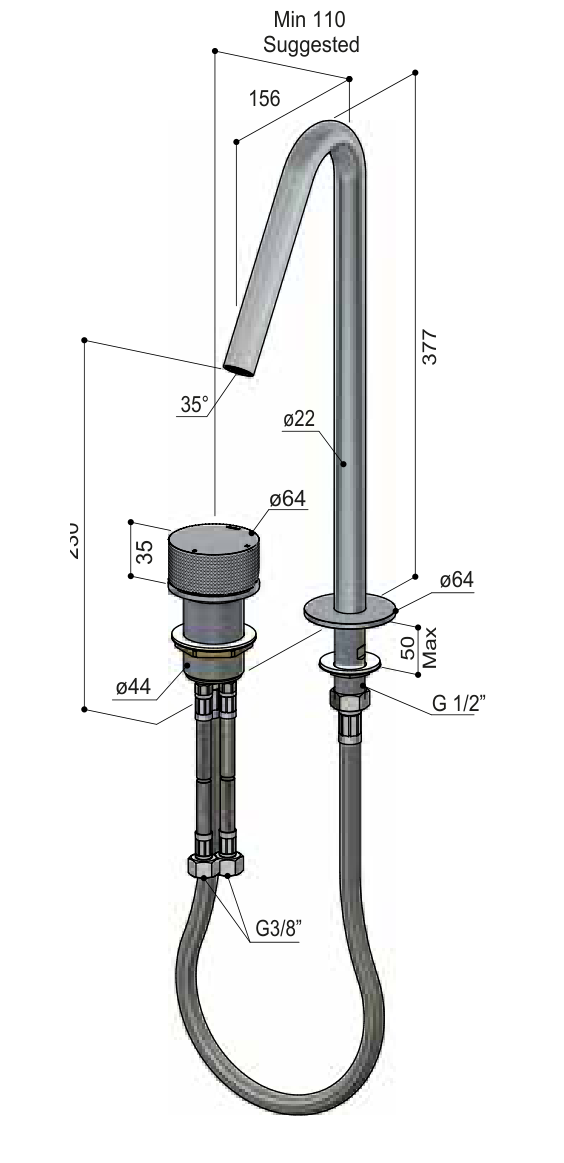 Hotbath GY023HD technische illustratie; gekozen kleur niet weergegeven