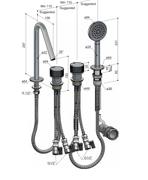 Hotbath GY073R – technische illustratie; gekozen kleur wordt niet weergegeven