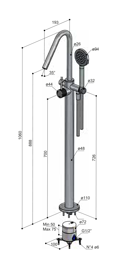 Hotbath GY177REXT technische illustratie; gekozen kleur niet weergegeven