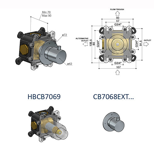 Hotbath HBCB7069 inbouwdeel technische tekening