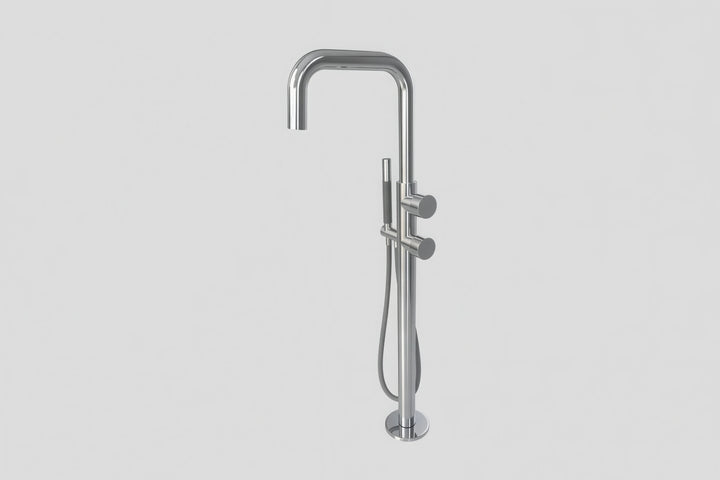 Lagoo Como CM3214 vrijstaande highflow badmengkraan (afbouwdeel) met draaibare uitloop, 2 mengkranen en handdouche (staaf) – Chroom