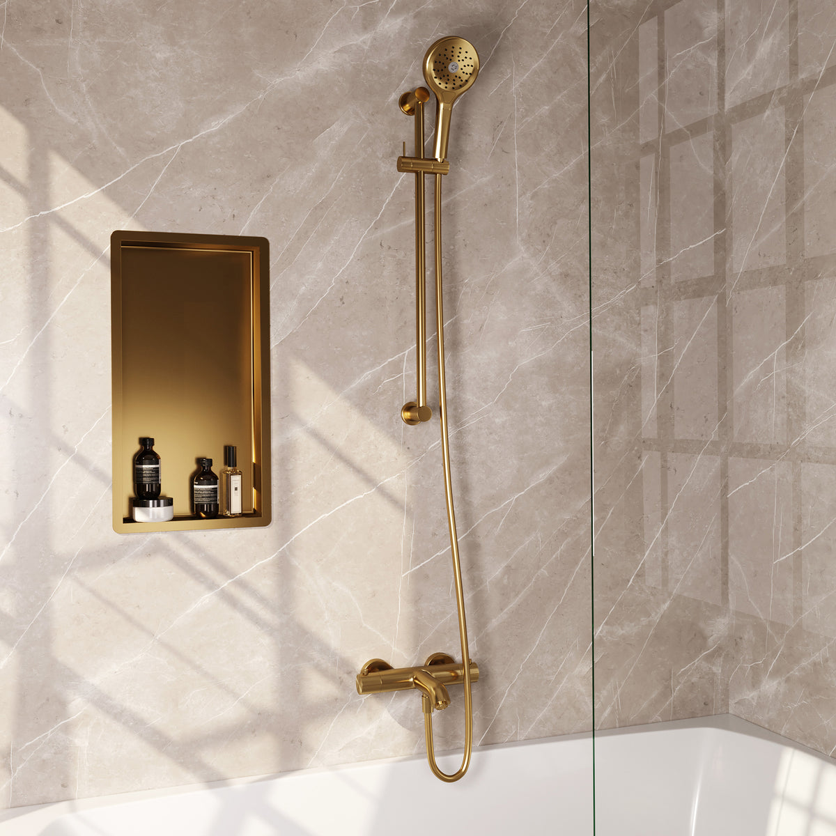 Brauer Stripe opbouw badthermostaat met glijstang - Geborsteld goud PVD - 3-standen handdouche - 5-GG-341