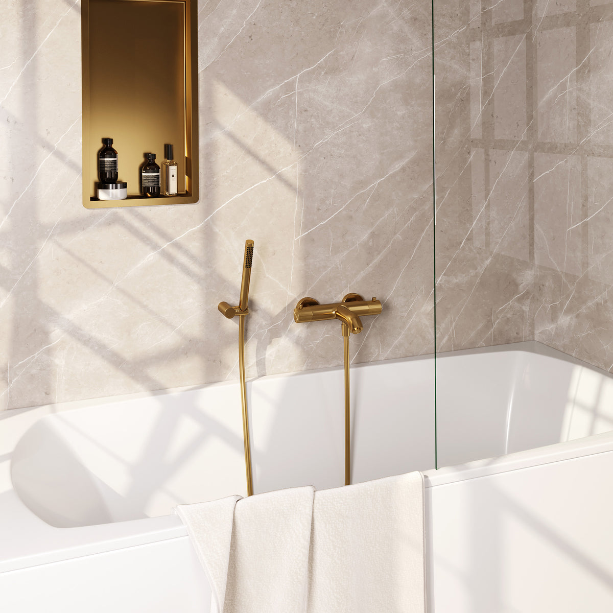 Brauer Stripe opbouw badthermostaat met wandhouder - Geborsteld goud PVD - Staafmodel - 5-GG-342
