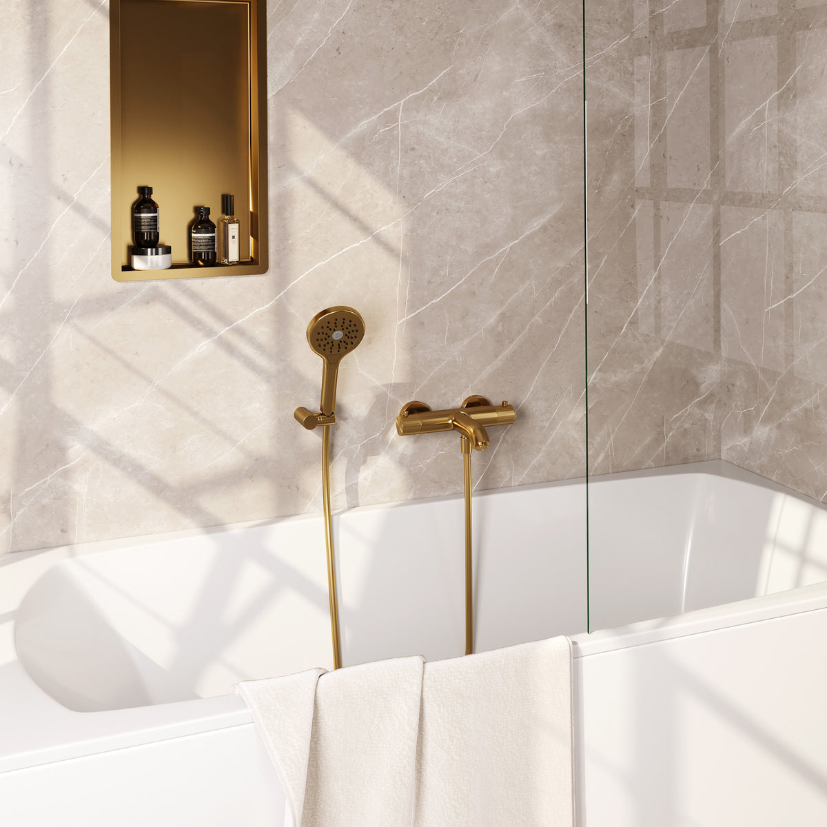 Brauer Stripe opbouw badthermostaat met wandhouder - Geborsteld goud PVD - 3-standen handdouche - 5-GG-343
