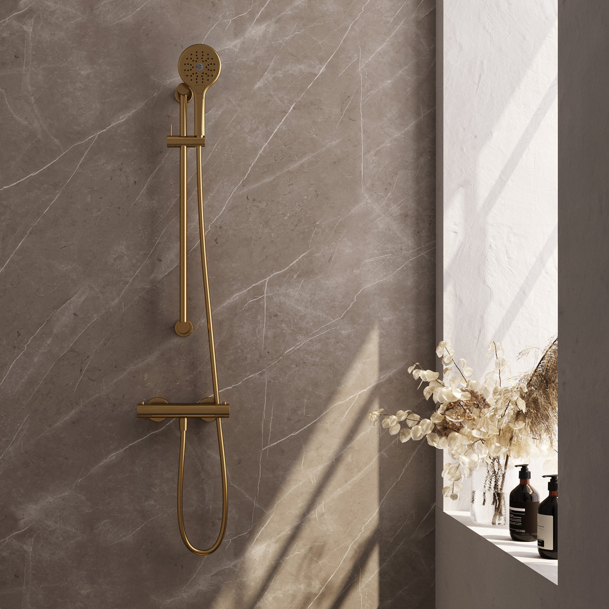 Brauer Stripe opbouw douchethermostaat met glijstang - Geborsteld goud PVD - 3-standen handdouche - 5-GG-346