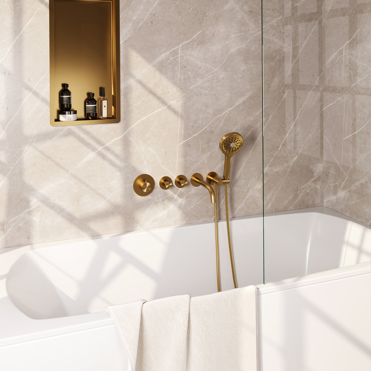 Brauer Stripe inbouw badthermostaat met uitloop - Geborsteld goud PVD - 3-standen handdouche - 5-GG-358