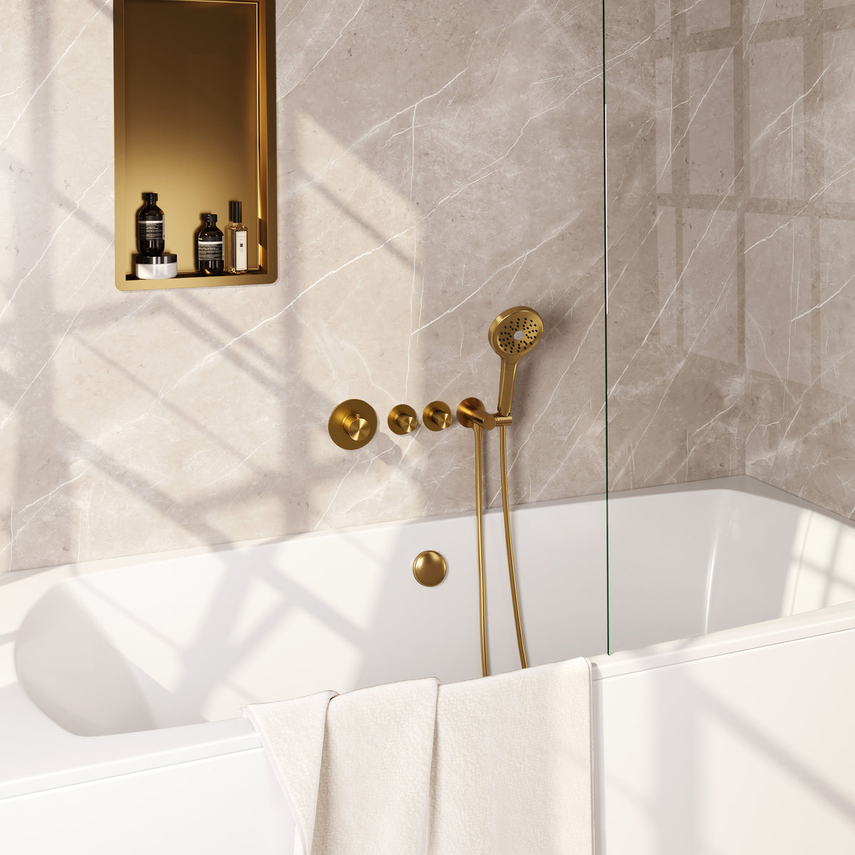 Brauer Stripe inbouw badthermostaat met badvulcombinatie - Geborsteld goud PVD - 3-standen handdouche - 5-GG-360