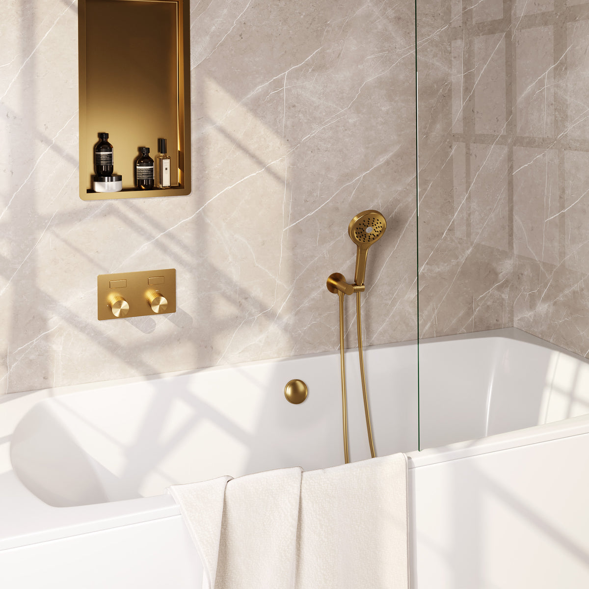 Brauer Stripe inbouw badthermostaat drukknoppen met badvulcombinatie - Geborsteld goud PVD - 3-standen handdouche - 5-GG-362