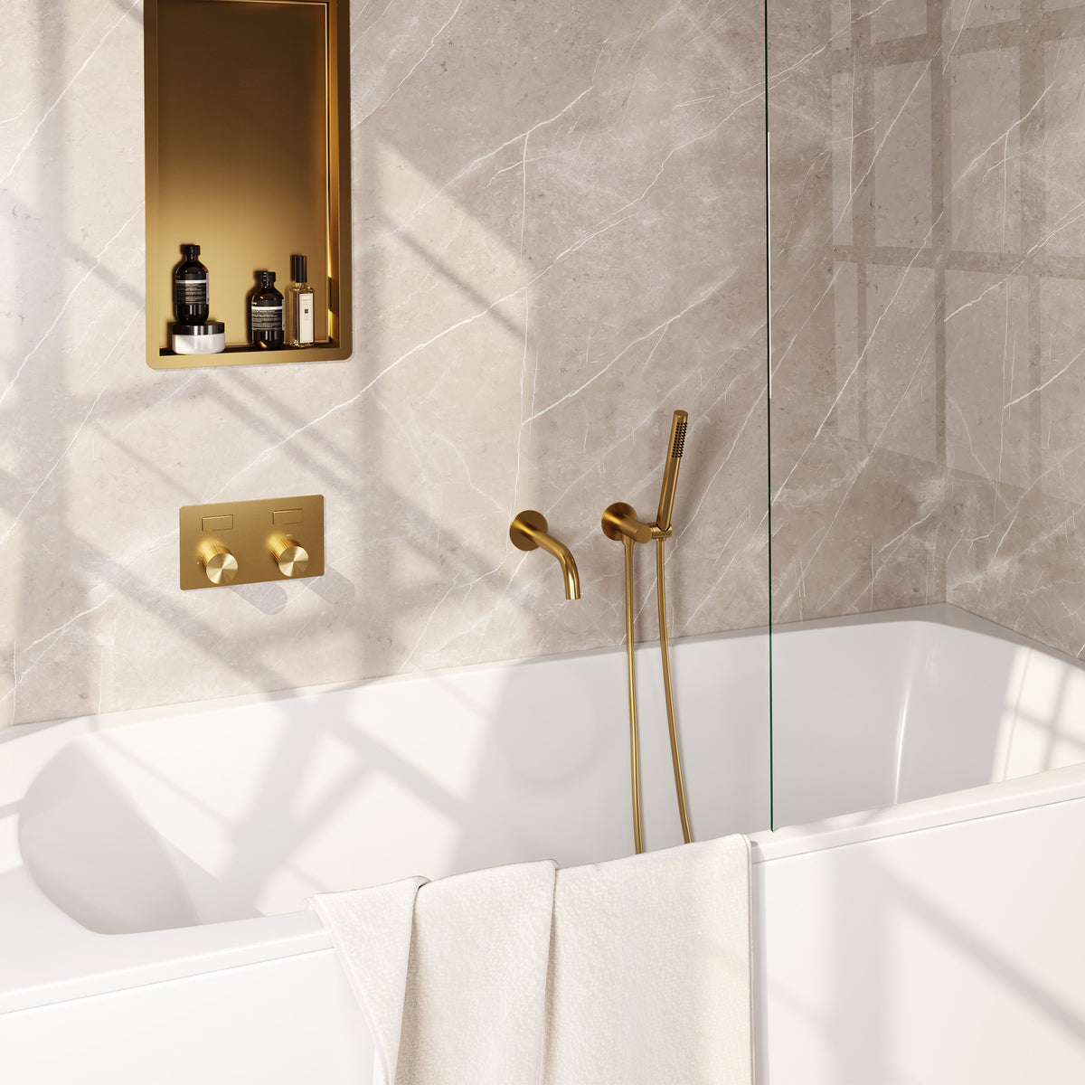 Brauer Stripe inbouw badthermostaat drukknoppen met uitloop - Geborsteld goud PVD - Staafmodel - 5-GG-363