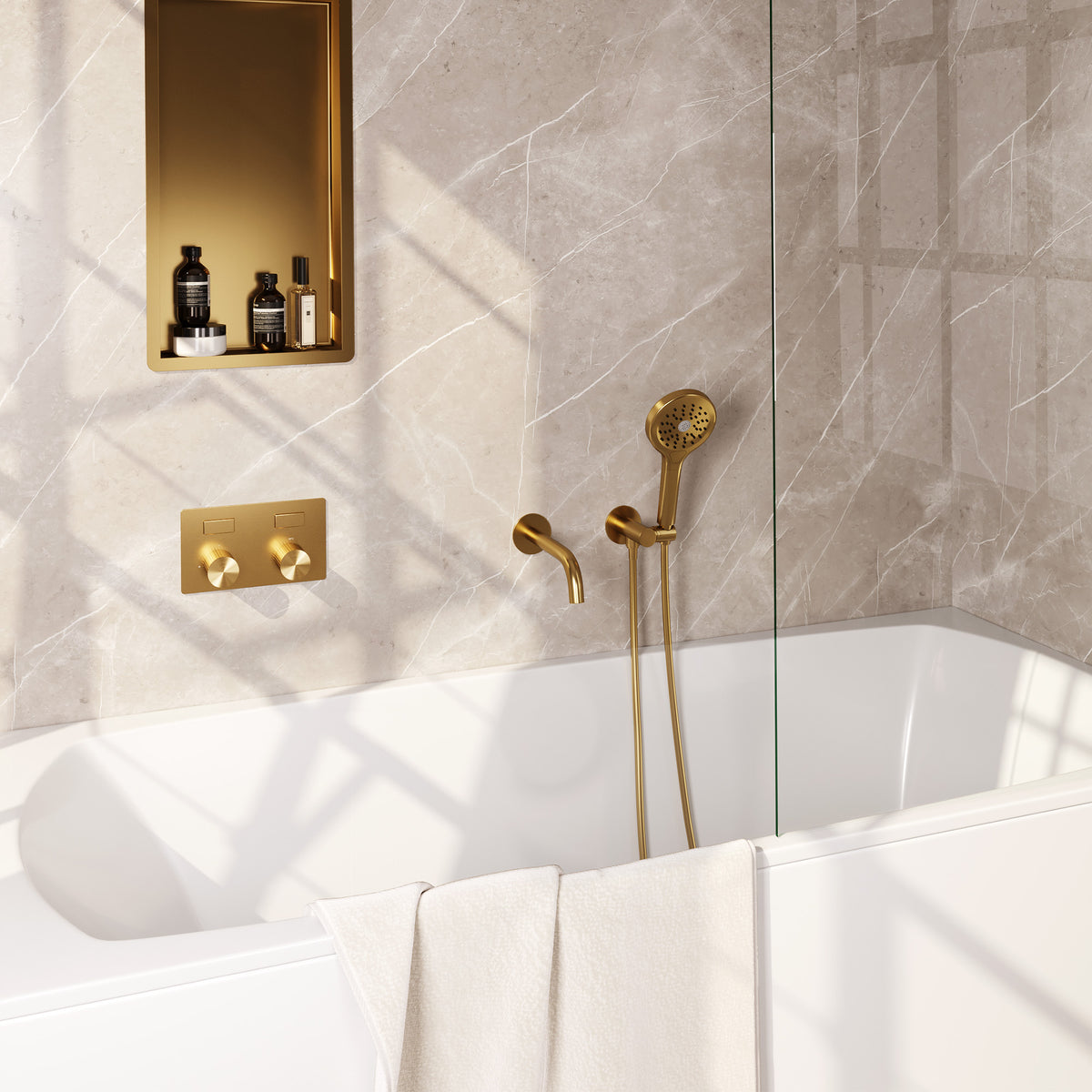 Brauer Stripe inbouw badthermostaat drukknoppen met uitloop - Geborsteld goud PVD - 3-standen handdouche - 5-GG-364