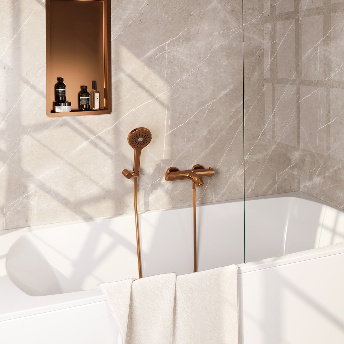 Brauer Stripe opbouw badthermostaat met wandhouder - Geborsteld koper PVD - 3-standen handdouche - 5-GK-343