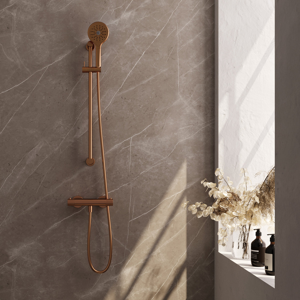 Brauer Stripe opbouw douchethermostaat met glijstang - Geborsteld koper PVD - 3-standen handdouche - 5-GK-346