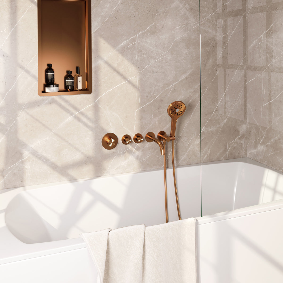 Brauer Stripe inbouw badthermostaat met uitloop - Geborsteld koper PVD - 3-standen handdouche - 5-GK-358