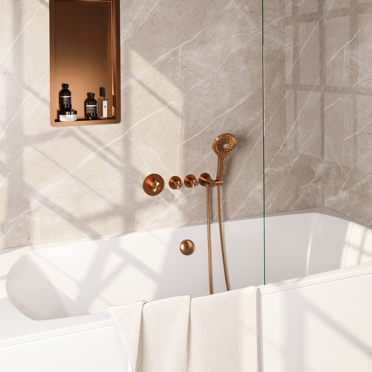 Brauer Stripe inbouw badthermostaat met badvulcombinatie - Geborsteld koper PVD - 3-standen handdouche - 5-GK-360