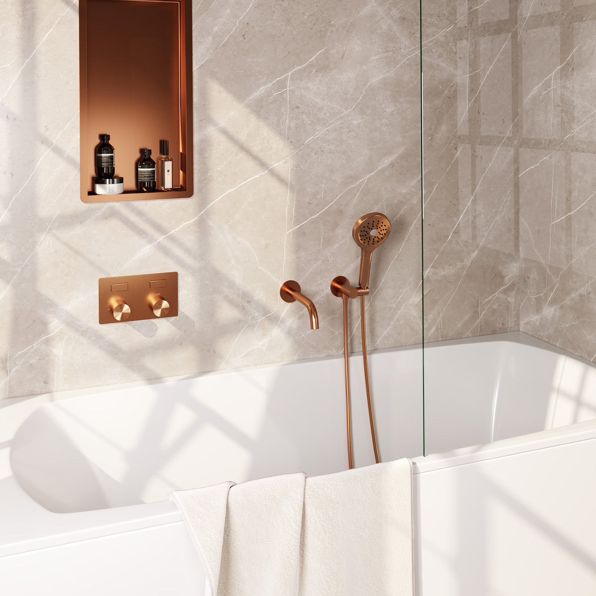 Brauer Stripe inbouw badthermostaat drukknoppen met uitloop - Geborsteld koper PVD - 3-standen handdouche - 5-GK-364