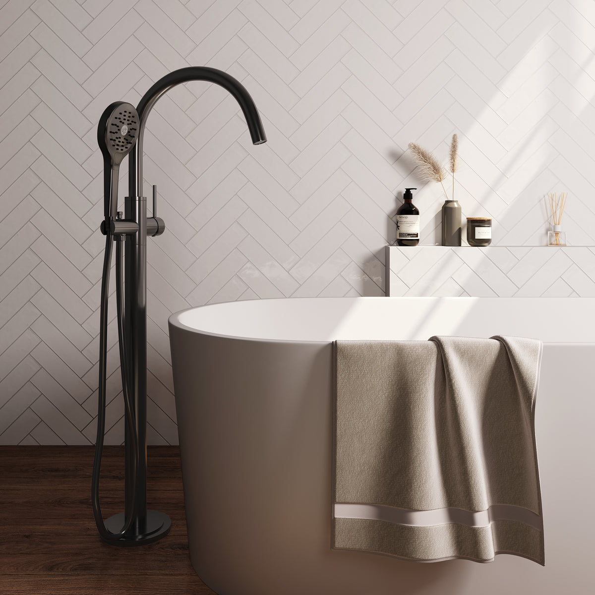 Brauer Stripe vrijstaande badmengkraan - Geborsteld gunmetal PVD - 3-standen handdouche - 5-GM-338