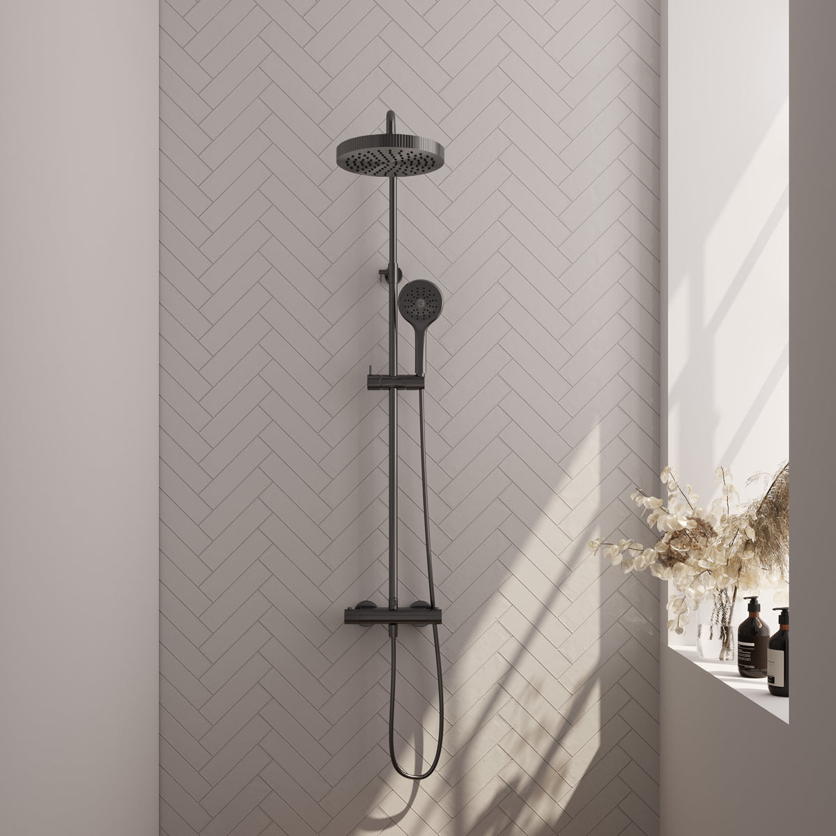 Brauer Stripe opbouw thermostatische regendouche - Geborsteld gunmetal PVD - 3-standen handdouche - 5-GM-349