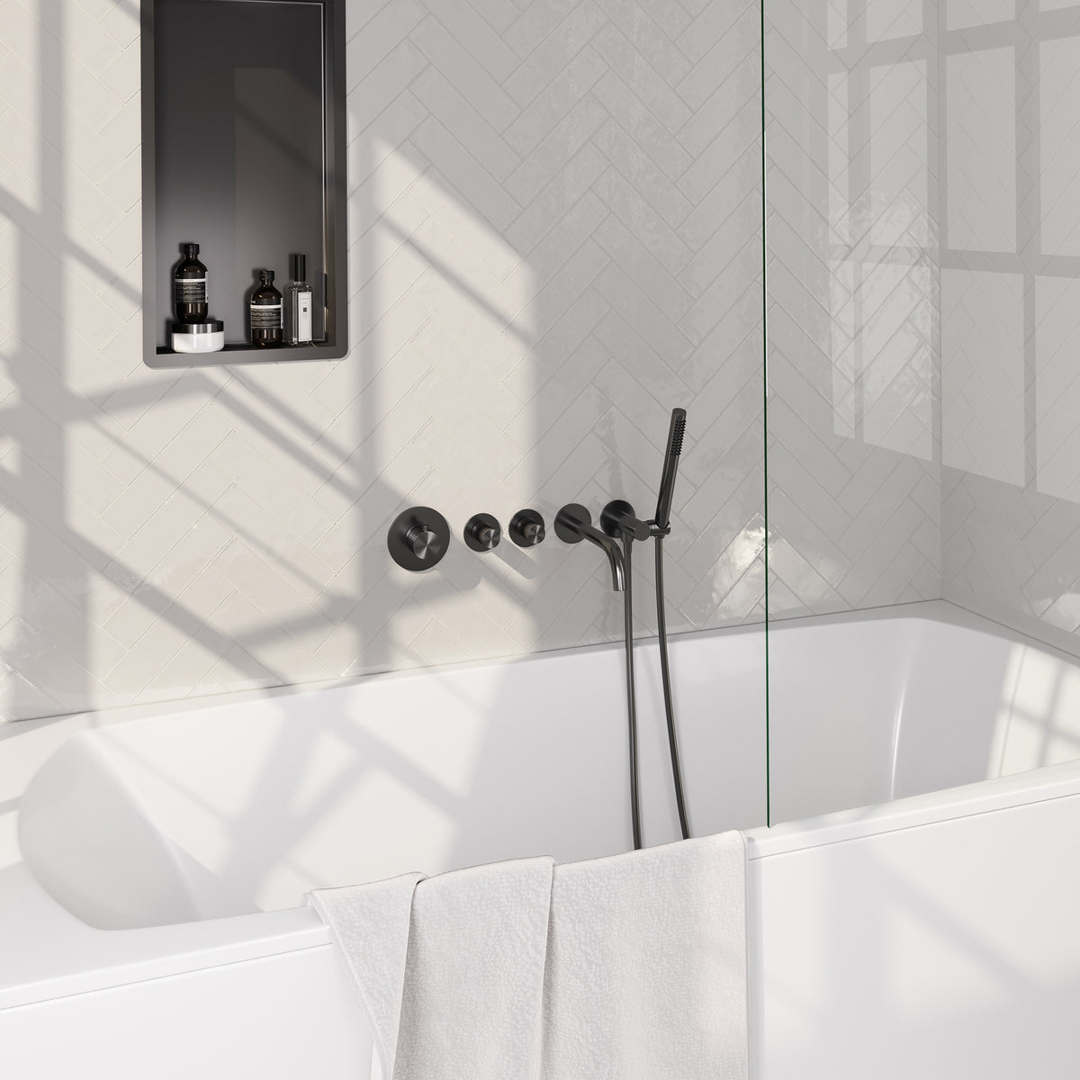 Brauer Stripe inbouw badthermostaat met uitloop - Geborsteld gunmetal PVD - Staafmodel - 5-GM-357