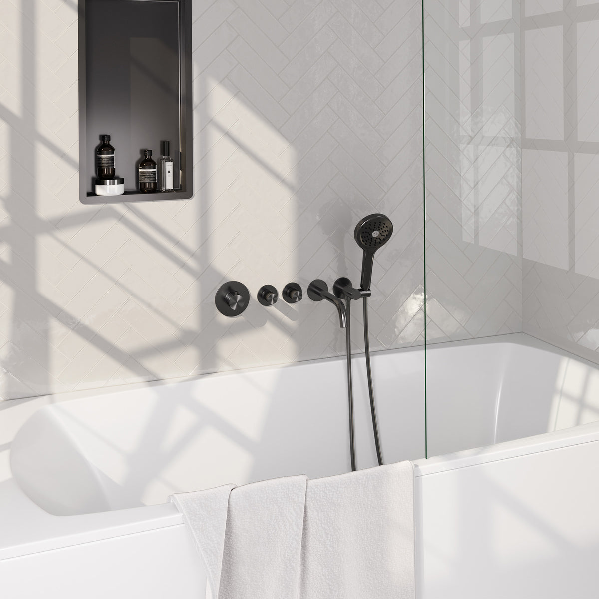Brauer Stripe inbouw badthermostaat met uitloop - Geborsteld gunmetal PVD - 3-standen handdouche - 5-GM-358