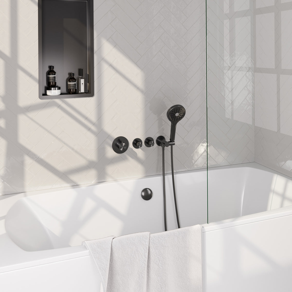 Brauer Stripe inbouw badthermostaat met badvulcombinatie - Geborsteld gunmetal PVD - 3-standen handdouche - 5-GM-360