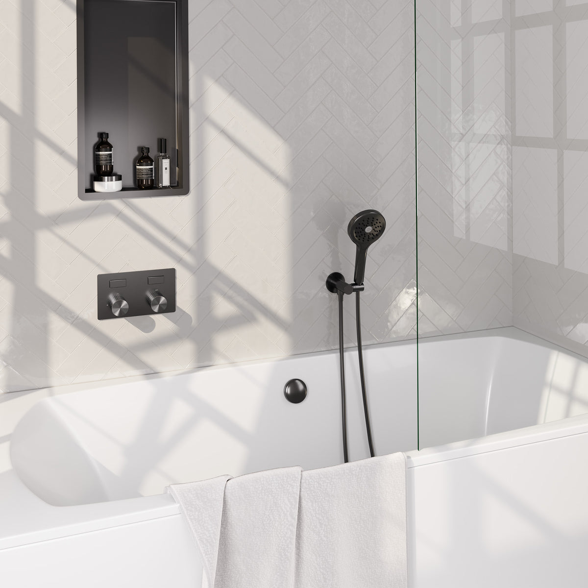 Brauer Stripe inbouw badthermostaat drukknoppen met badvulcombinatie - Geborsteld gunmetal PVD - 3-standen handdouche - 5-GM-362