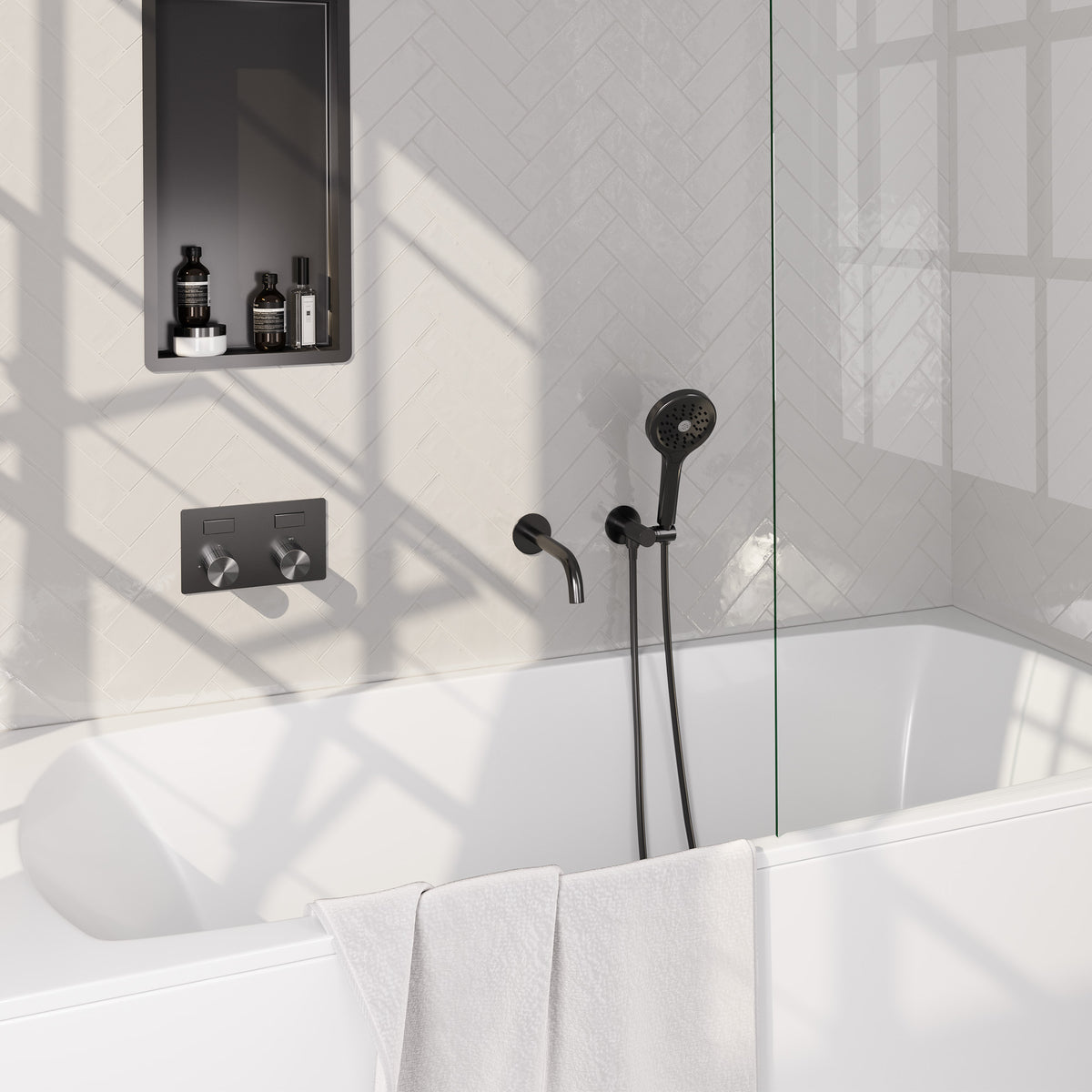 Brauer Stripe inbouw badthermostaat drukknoppen met uitloop - Geborsteld gunmetal PVD - 3-standen handdouche - 5-GM-364