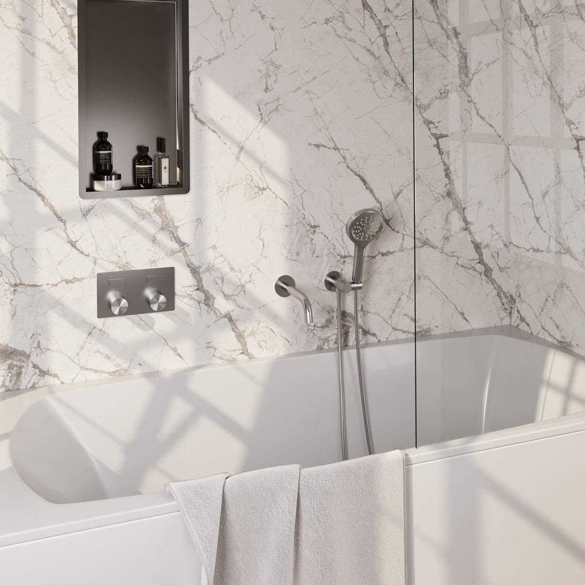 Brauer Stripe inbouw badthermostaat drukknoppen met uitloop - Geborsteld RVS PVD - 3-standen handdouche - 5-NG-364