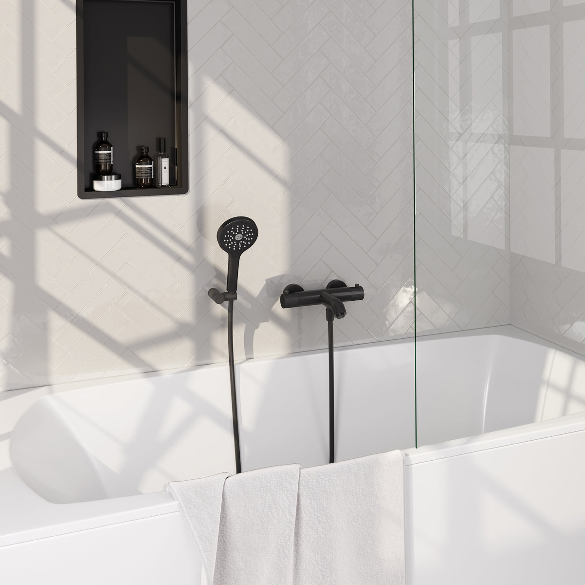 Brauer Stripe opbouw badthermostaat met wandhouder - Mat zwart - 3-standen handdouche - 5-S-343