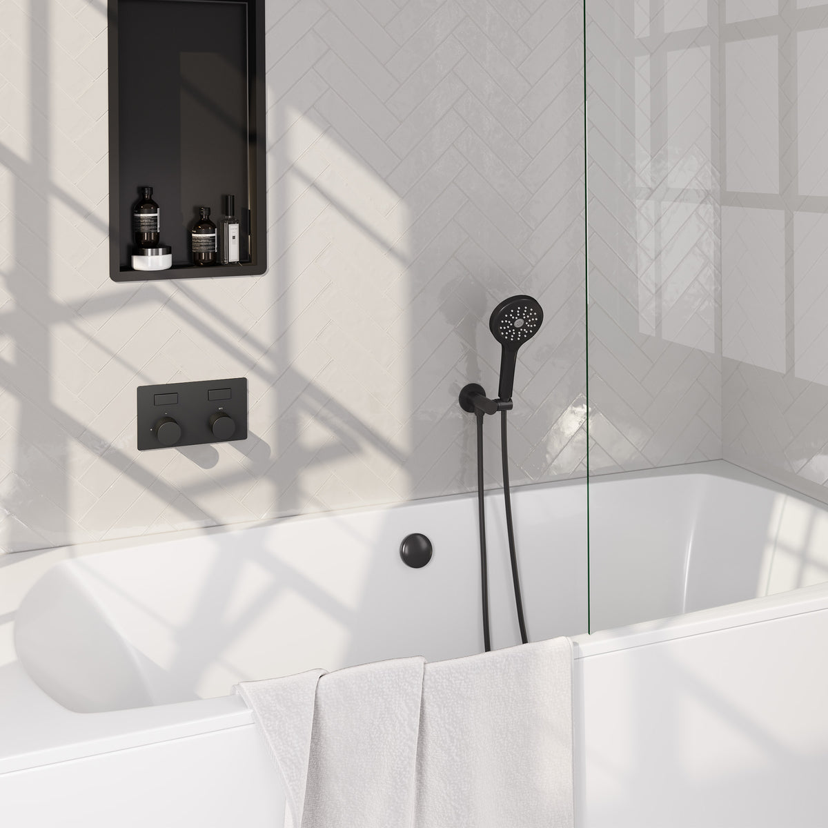 Brauer Stripe inbouw badthermostaat drukknoppen met badvulcombinatie - Mat zwart - 3-standen handdouche - 5-S-362