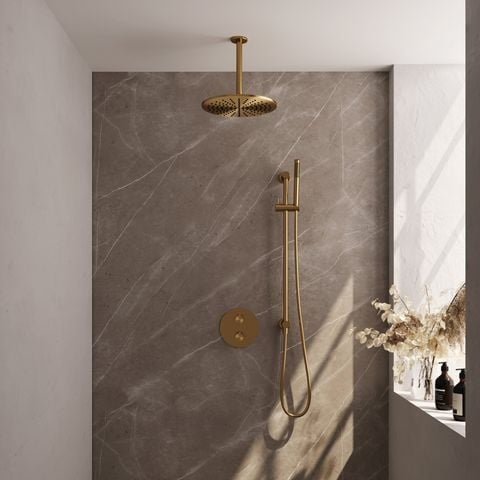 Brauer Carving inbouw regendoucheset 3-weg rond – Geborsteld goud PVD – Staafmodel – 30 cm | Plafondarm | Met glijstang – 5-GG-308