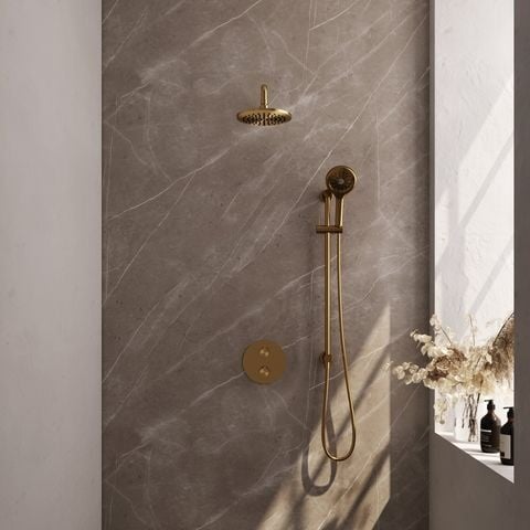 Brauer Carving inbouw regendoucheset 3-weg rond – Geborsteld goud PVD – 3-standen handdouche – 20 cm | Gebogen wandarm | Met glijstang – 5-GG-311