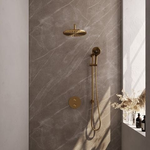 Brauer Carving inbouw regendoucheset 3-weg rond – Geborsteld goud PVD – 3-standen handdouche – 30 cm | Gebogen wandarm | Met glijstang – 5-GG-312