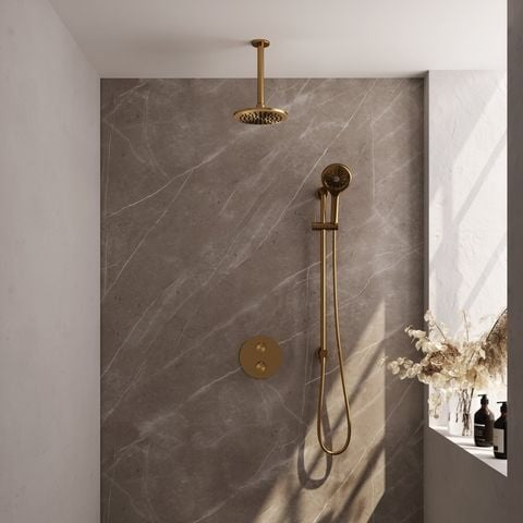 Brauer Carving inbouw regendoucheset 3-weg rond – Geborsteld goud PVD – 3-standen handdouche – 20 cm | Plafondarm | Met glijstang – 5-GG-313