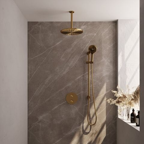 Brauer Carving inbouw regendoucheset 3-weg rond – Geborsteld goud PVD �� 3-standen handdouche – 30 cm | Plafondarm | Met glijstang – 5-GG-314
