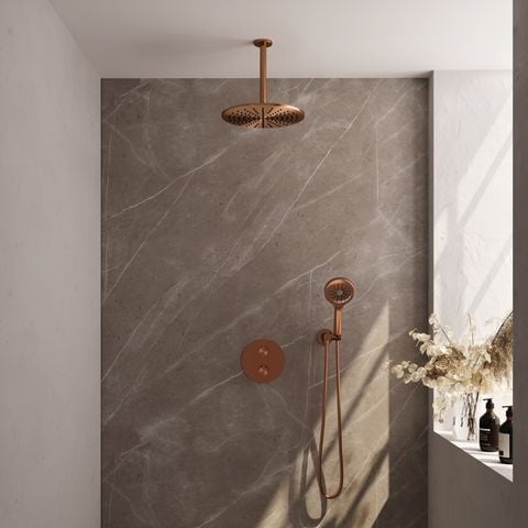 Brauer Carving inbouw regendoucheset 3-weg rond – Geborsteld koper PVD – 3-standen handdouche – 30 cm | Plafondarm | Zonder glijstang – 5-GK-302