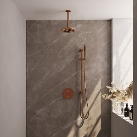Brauer Carving inbouw regendoucheset 3-weg rond – Geborsteld koper PVD – Staafmodel – 20 cm | Plafondarm | Met glijstang – 5-GK-307