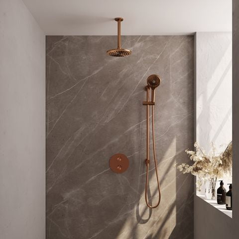Brauer Carving inbouw regendoucheset 3-weg rond – Geborsteld koper PVD – 3-standen handdouche – 20 cm | Plafondarm | Met glijstang – 5-GK-313