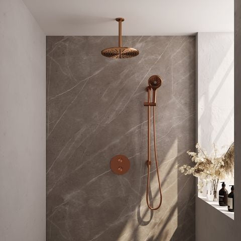 Brauer Carving inbouw regendoucheset 3-weg rond – Geborsteld koper PVD – 3-standen handdouche – 30 cm | Plafondarm | Met glijstang – 5-GK-314