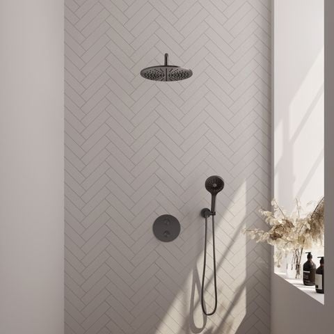 Brauer Carving inbouw regendoucheset 3-weg rond – Geborsteld gunmetal PVD – 3-standen handdouche – 30 cm | Gebogen wandarm | Zonder glijstang – 5-GM-300