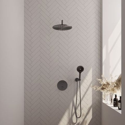 Brauer Carving inbouw regendoucheset 3-weg rond – Geborsteld gunmetal PVD – 3-standen handdouche – 30 cm | Gebogen wandarm | Zonder glijstang – 5-GM-300