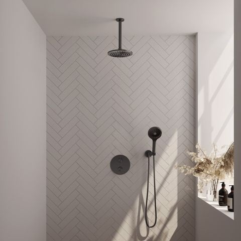 Brauer Carving inbouw regendoucheset 3-weg rond – Geborsteld gunmetal PVD – 3-standen handdouche – 20 cm | Plafondarm | Zonder glijstang – 5-GM-301