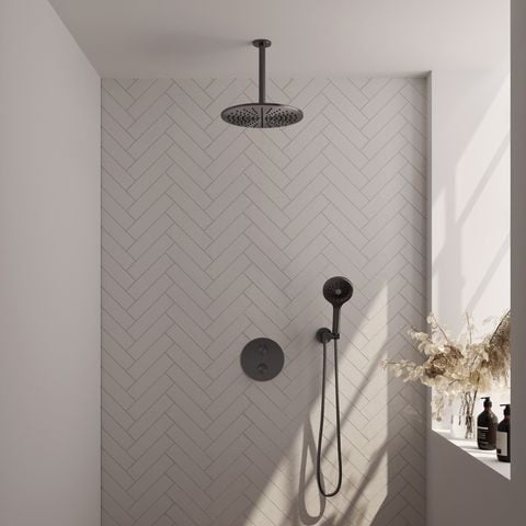 Brauer Carving inbouw regendoucheset 3-weg rond – Geborsteld gunmetal PVD – 3-standen handdouche – 30 cm | Plafondarm | Zonder glijstang – 5-GM-302