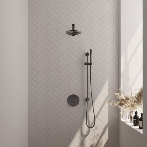 Brauer Carving inbouw regendoucheset 3-weg rond – Geborsteld gunmetal PVD – Staafmodel – 20 cm | Rechte wandarm | Met glijstang – 5-GM-303