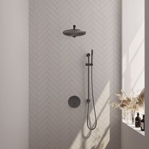 Brauer Carving inbouw regendoucheset 3-weg rond – Geborsteld gunmetal PVD – Staafmodel – 30 cm | Rechte wandarm | Met glijstang – 5-GM-304