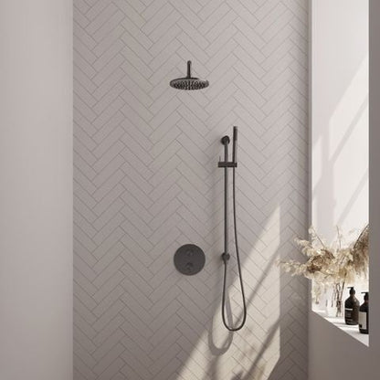 Brauer Carving inbouw regendoucheset 3-weg rond – Geborsteld gunmetal PVD – Staafmodel – 20 cm | Gebogen wandarm | Met glijstang – 5-GM-305