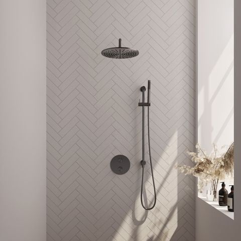 Brauer Carving inbouw regendoucheset 3-weg rond – Geborsteld gunmetal PVD – Staafmodel – 30 cm | Gebogen wandarm | Met glijstang – 5-GM-306