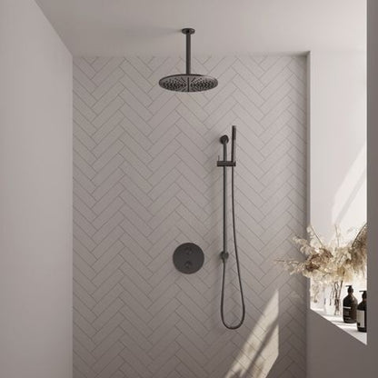 Brauer Carving inbouw regendoucheset 3-weg rond – Geborsteld gunmetal PVD – Staafmodel – 30 cm | Plafondarm | Met glijstang – 5-GM-308