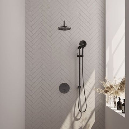 Brauer Carving inbouw regendoucheset 3-weg rond – Geborsteld gunmetal PVD – 3-standen handdouche – 20 cm | Gebogen wandarm | Met glijstang – 5-GM-311