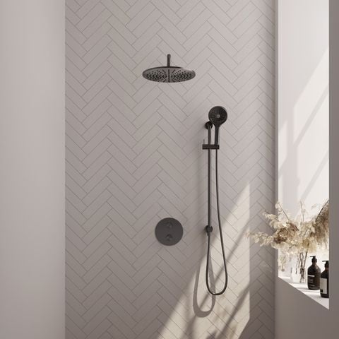 Brauer Carving inbouw regendoucheset 3-weg rond – Geborsteld gunmetal PVD – 3-standen handdouche – 30 cm | Gebogen wandarm | Met glijstang – 5-GM-312