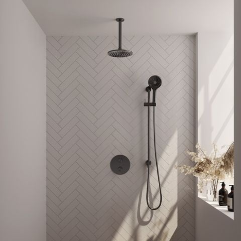 Brauer Carving inbouw regendoucheset 3-weg rond – Geborsteld gunmetal PVD – 3-standen handdouche – 20 cm | Plafondarm | Met glijstang – 5-GM-313